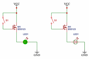 MOSFET Used as a Switch Controlling an LED (ON and OFF States)